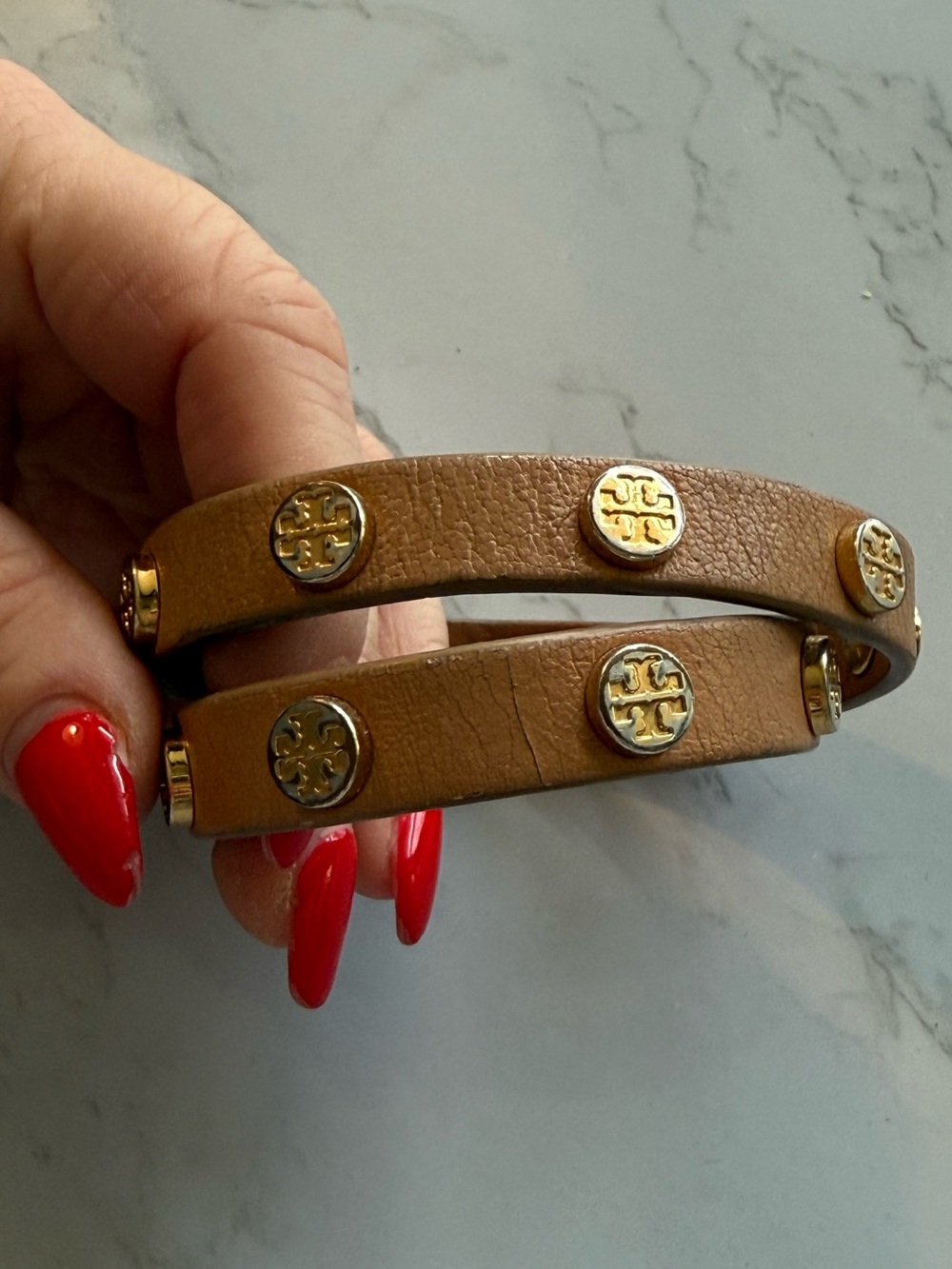 Tory Burch Tan Double-Wrap Leather Bracelet with Gold Logo Studs